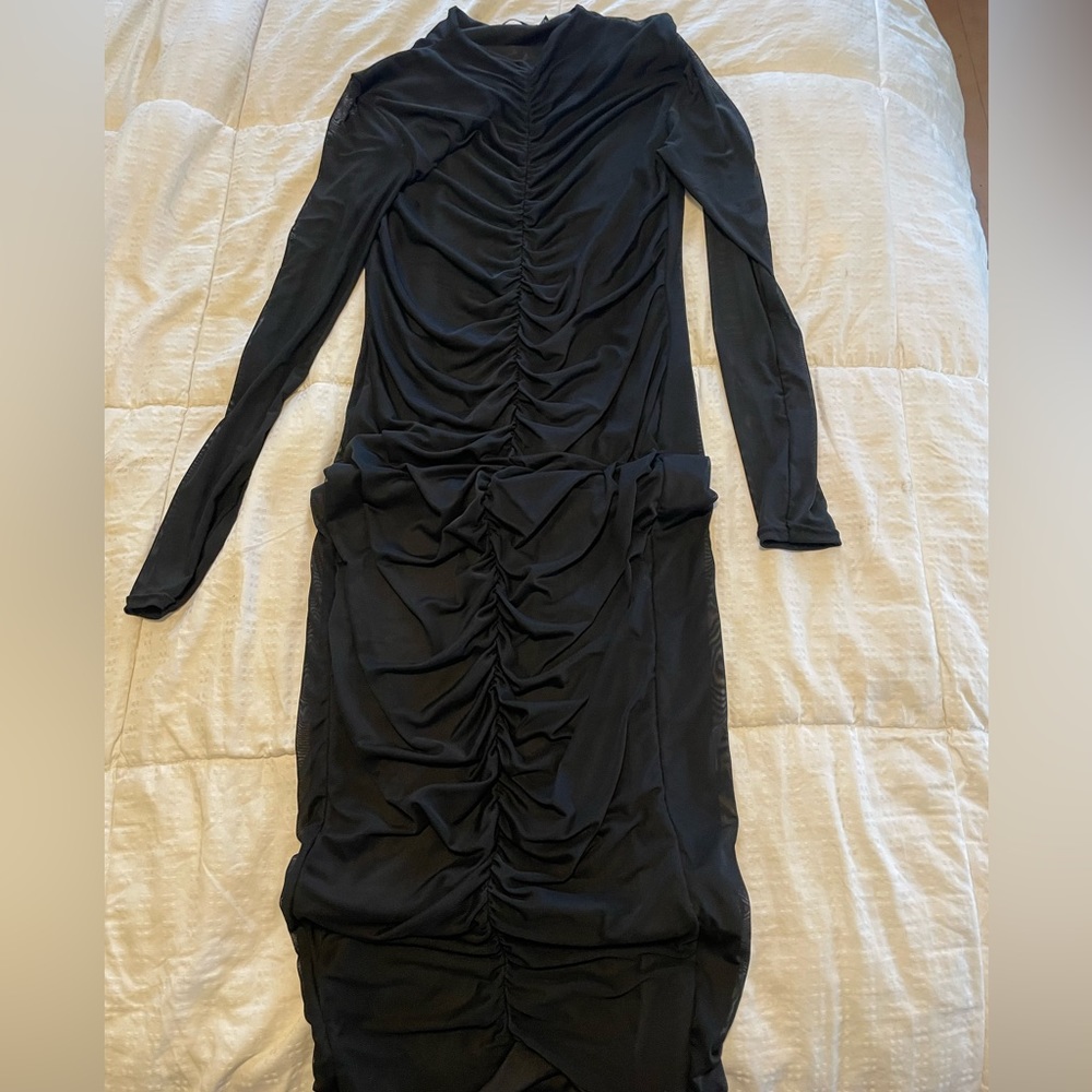 draped black midi dress